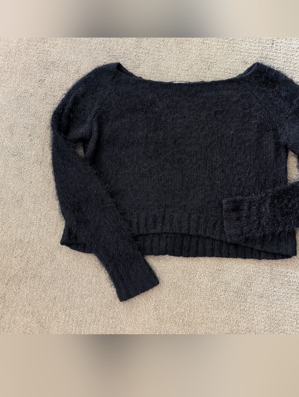 Decree Black Fuzzy Faux Fur Long Sleeve Sweater Crop Top